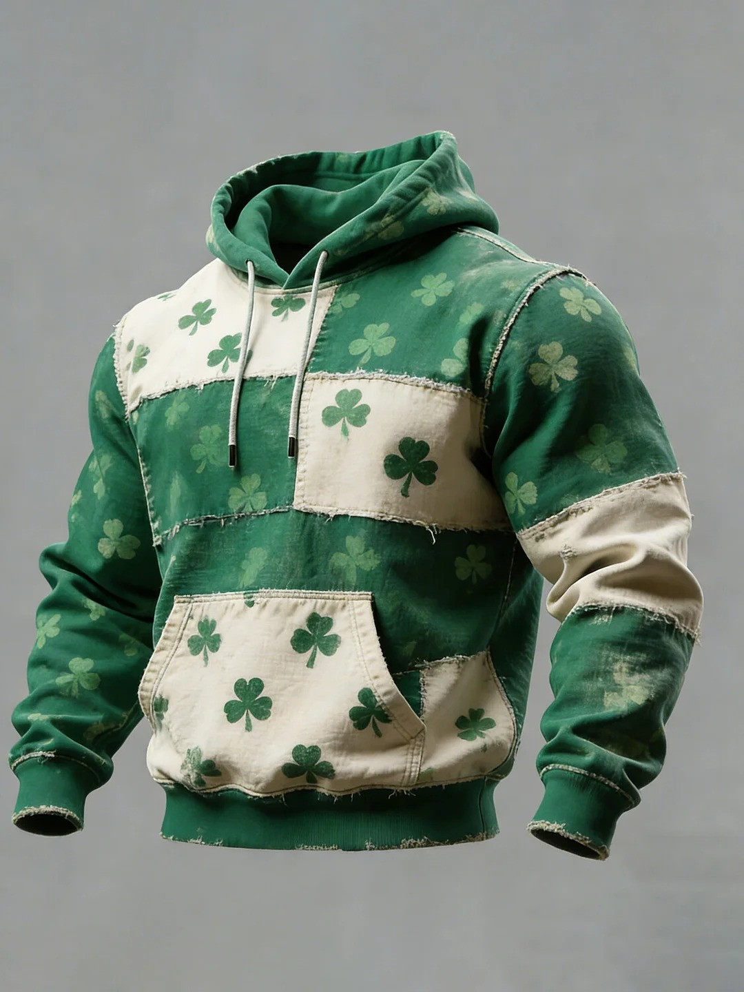 St Patricks Day Shamrock Colorblock Graphic Pocket Hoodie Irish Lucky Clover Gift Men