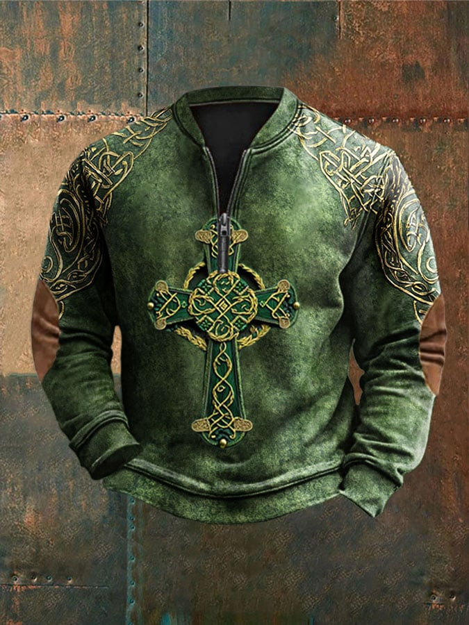 St Patricks Day Shamrock Cross Art Collar Stand Zip Sweatshirt Faith Cross Holiday Apparel Cool Present Ideas