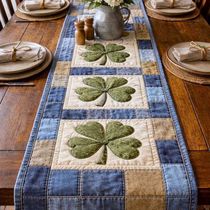 St Patrick's Day Shamrock Denim Patchwork Quilted Table Runner Irish Lucky Clover Home Decor Gift