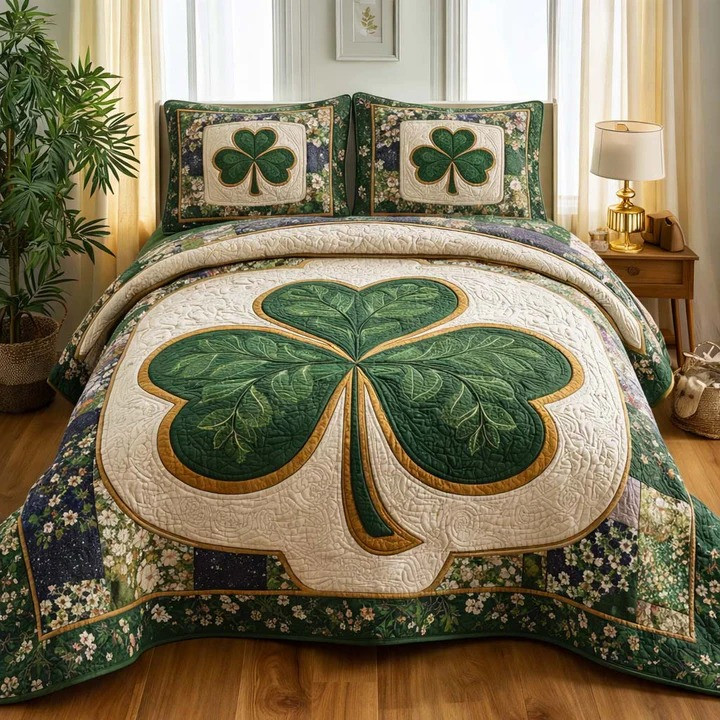 St Patrick's Day Shamrock Floral Quilted Bedding Set Irish Gold Green Celtic Bedroom Decor Gift