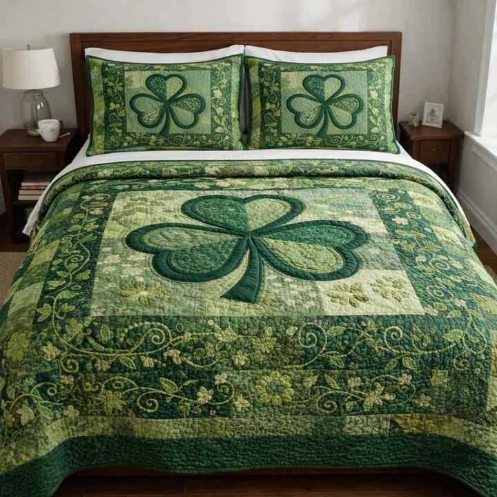 St Patrick's Day Shamrock Floral Quilted Bedding Set Irish Green Vine Bedroom Decor Best Gift Ideas