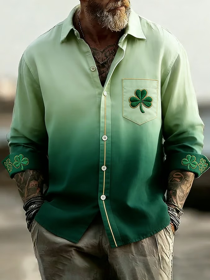 St Patricks Day Shamrock Gradient Button Up Long Sleeve Shirt Irish Lucky Clover Top Best Gift For Family
