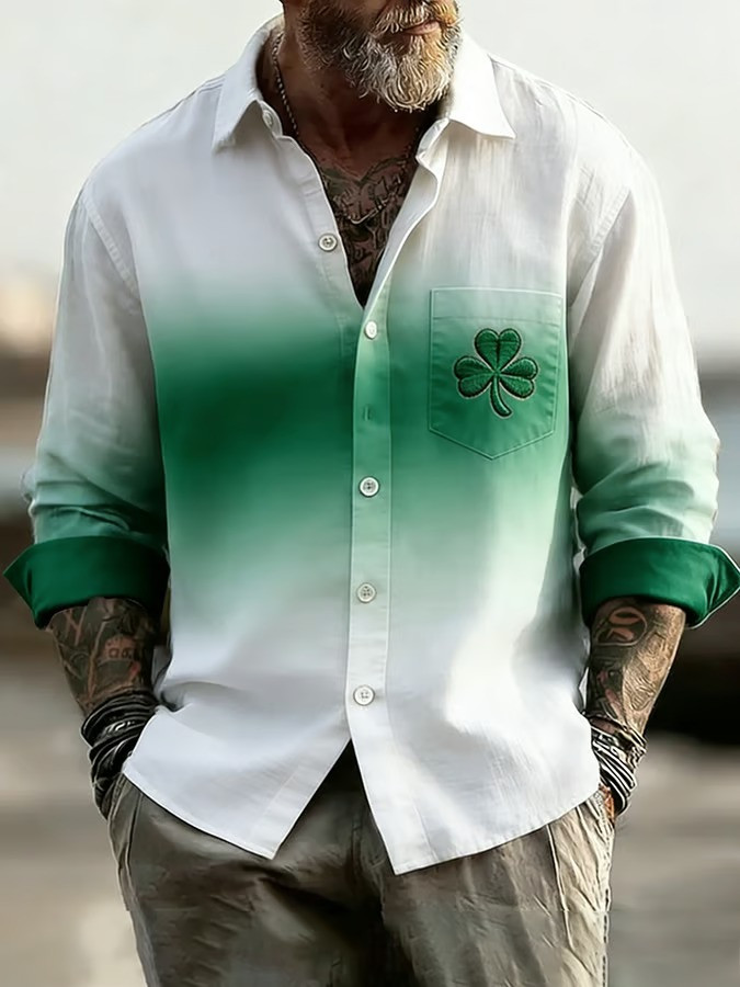 St Patricks Day Shamrock Gradient Button Up Long Sleeve Shirt Irish Ombre Top Best Gift For Friends