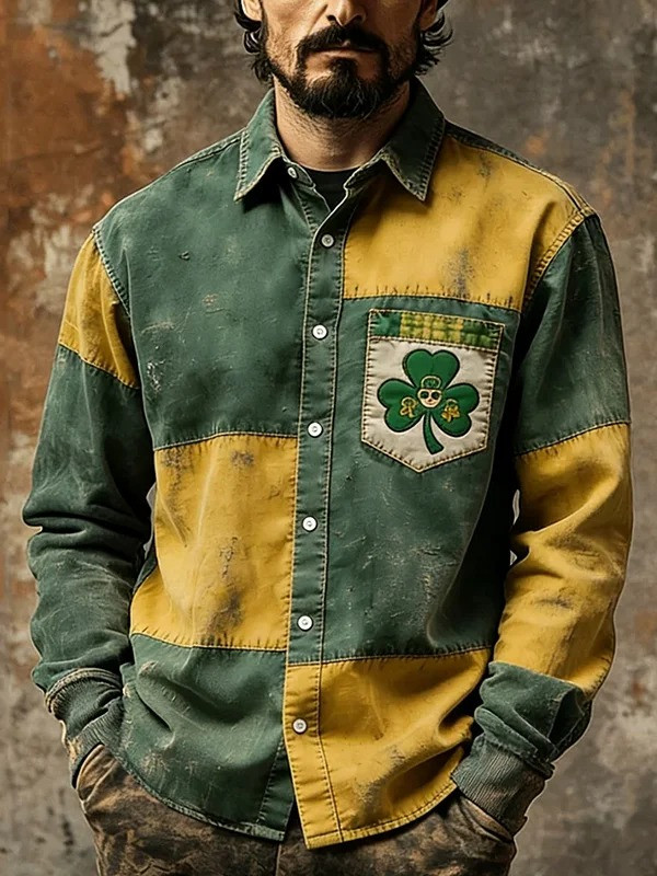 St Patricks Day Shamrock Graphic Button Up Long Sleeve Shirt Irish Lucky Clover Gift Men