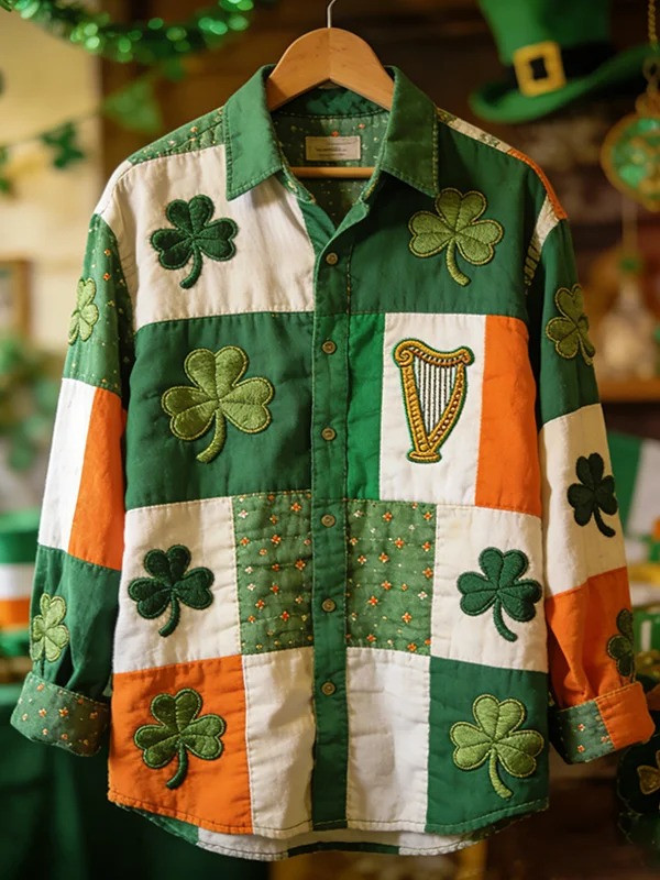 St Patricks Day Shamrock Harp Button Up Long Sleeve Shirt Irish Pride Lucky Clover Gift Men