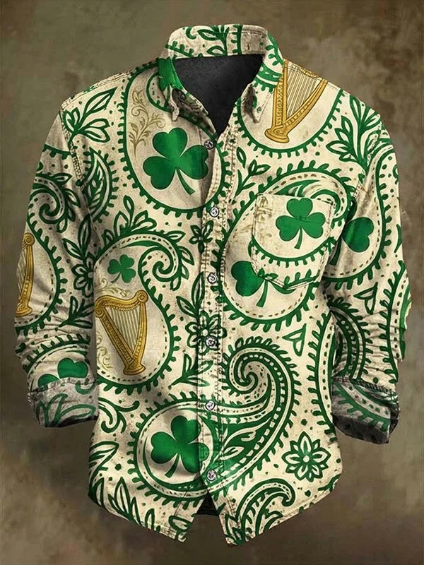 St Patricks Day Shamrock Harp Paisley Button Up Long Sleeve Shirt Irish Lucky Gift For Men