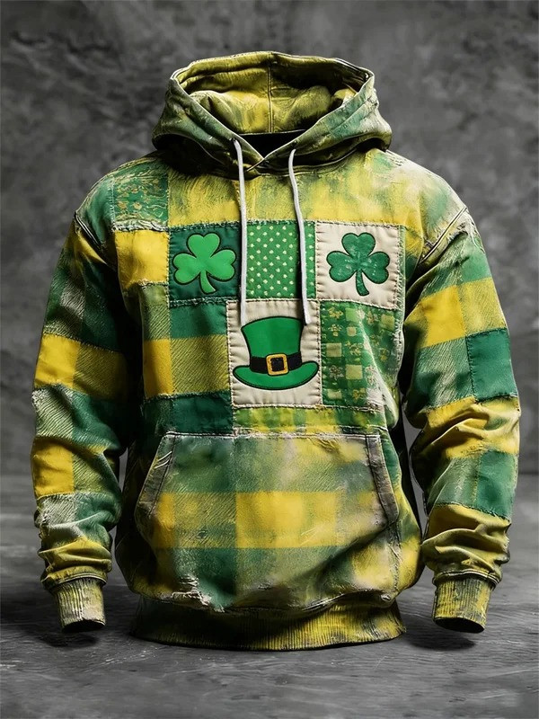 St Patricks Day Shamrock Hat Contrast Patchwork Graphic Hoodie Saint Patrick's Day Clothing Irish Gift Men