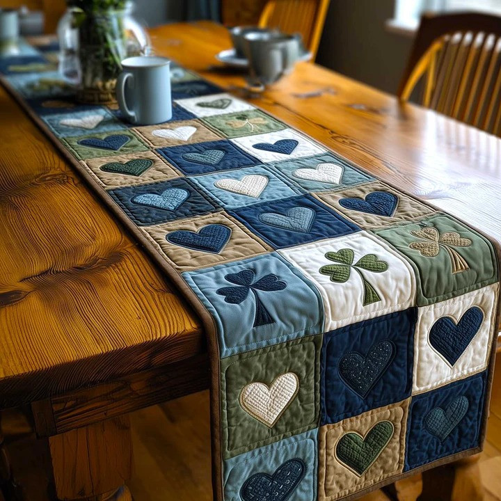 St Patrick's Day Shamrock Heart Patchwork Quilted Table Runner Irish Blue Home Decor Gift
