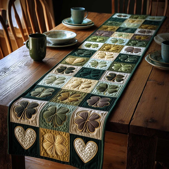 St Patrick's Day Shamrock Heart Quilted Table Runner Irish Green Home Decor Best Gift Ideas