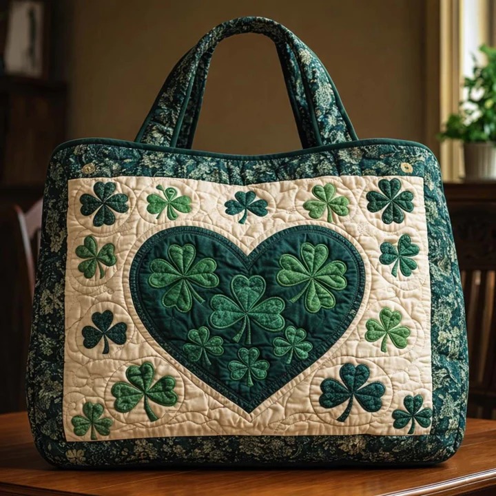 St Patrick's Day Shamrock Heart Quilted Tote Bag Irish Green Lucky Clover Best Gift For Women