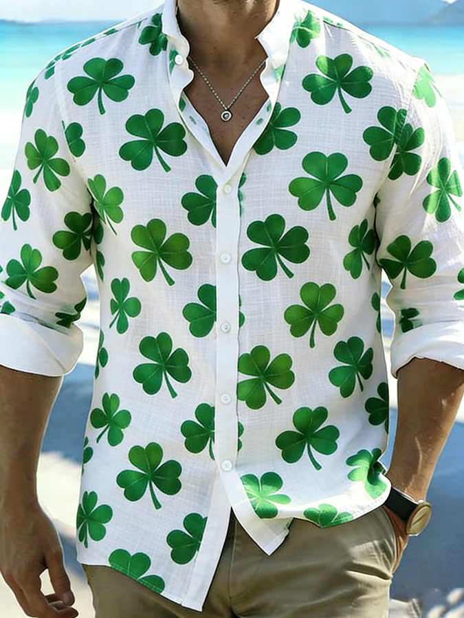 St Patrick's Day Shamrock Long Sleeve Button Up Shirt St Patrick's Day Men's Apparel
