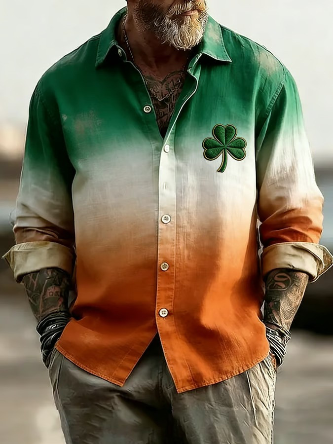 St Patricks Day Shamrock Ombre Button Up Long Sleeve Shirt Irish Lucky Clover Celtic Best Gift Ideas