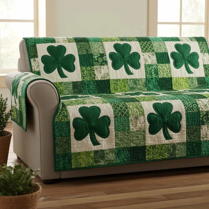 St Patrick's Day Shamrock Patchwork Sofa Cover Irish Green Lucky Clover Couch Protector Gift