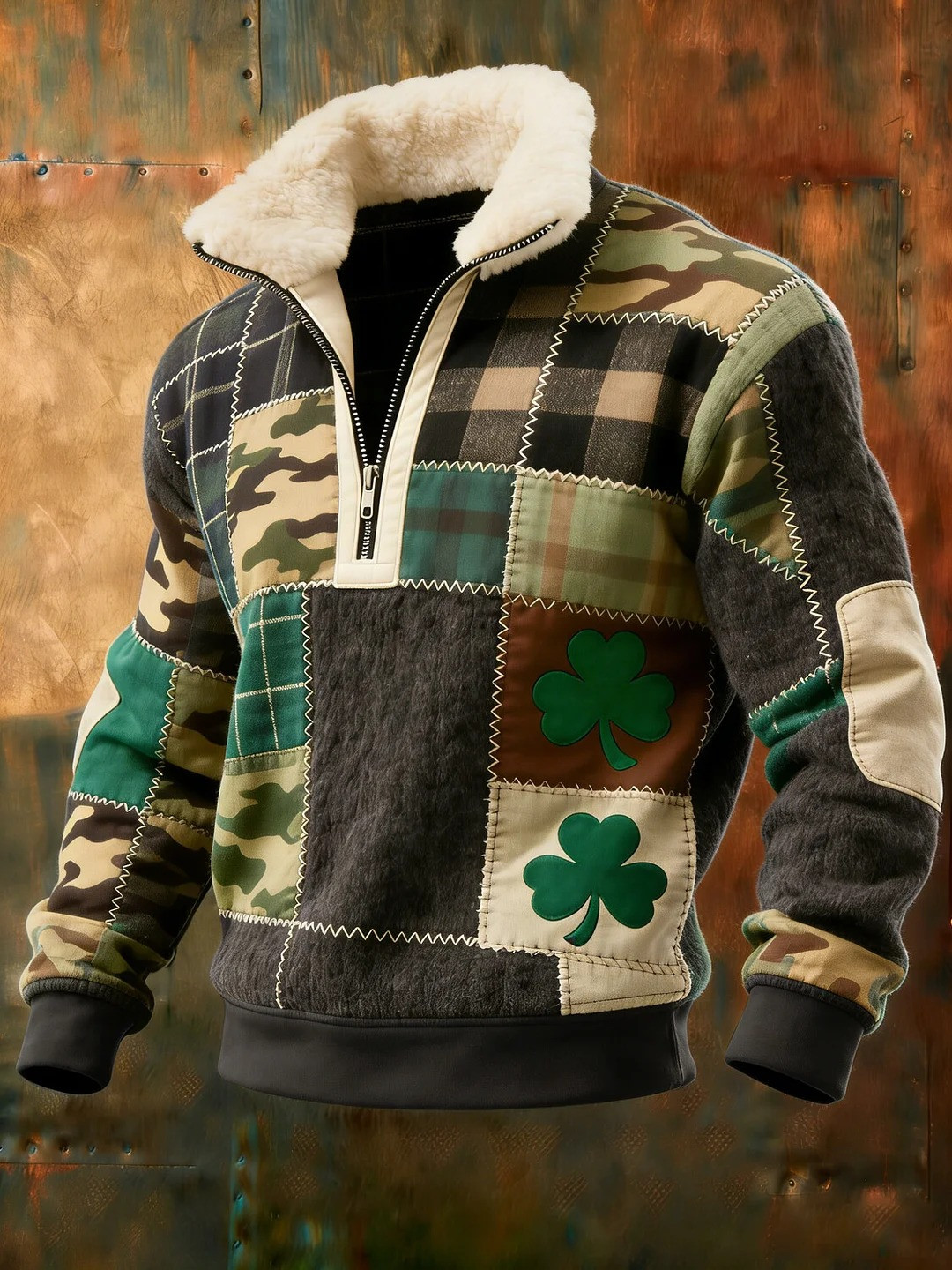 St Patricks Day Shamrock Plaid Camo Faux Fur Half Zip Graphic Sweatshirt Gift For Men