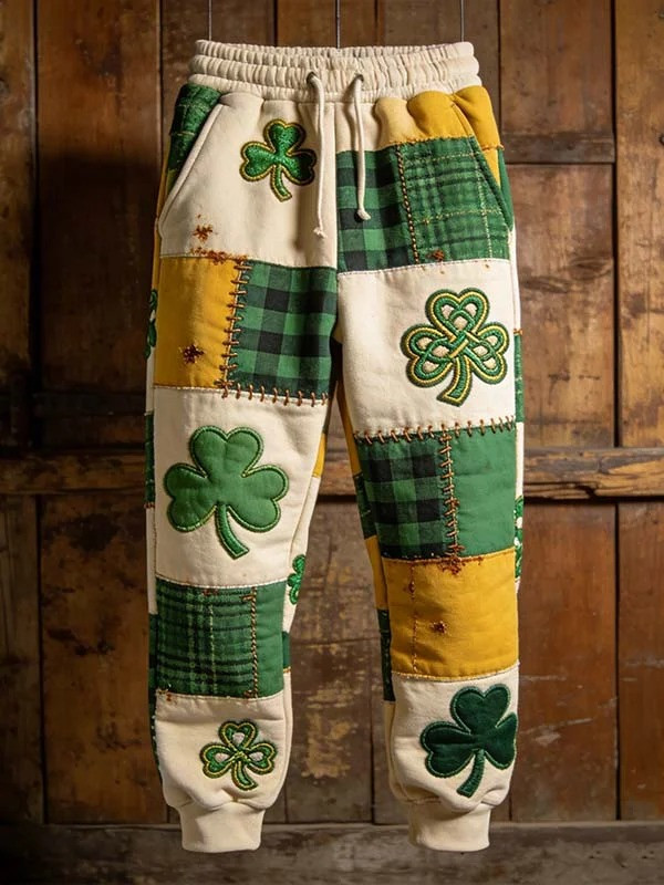 St Patricks Day Shamrock Plaid Colorblock Graphic Sweatpants Irish Lucky Gift For Men