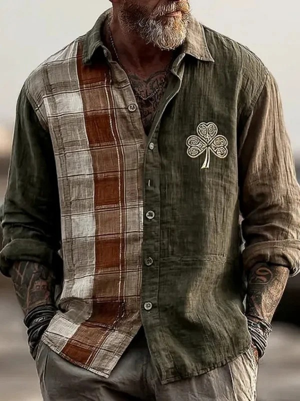 St Patricks Day Shamrock Plaid Graphic Button Up Long Sleeve Shirt Irish Lucky Clover Best Gift Ideas