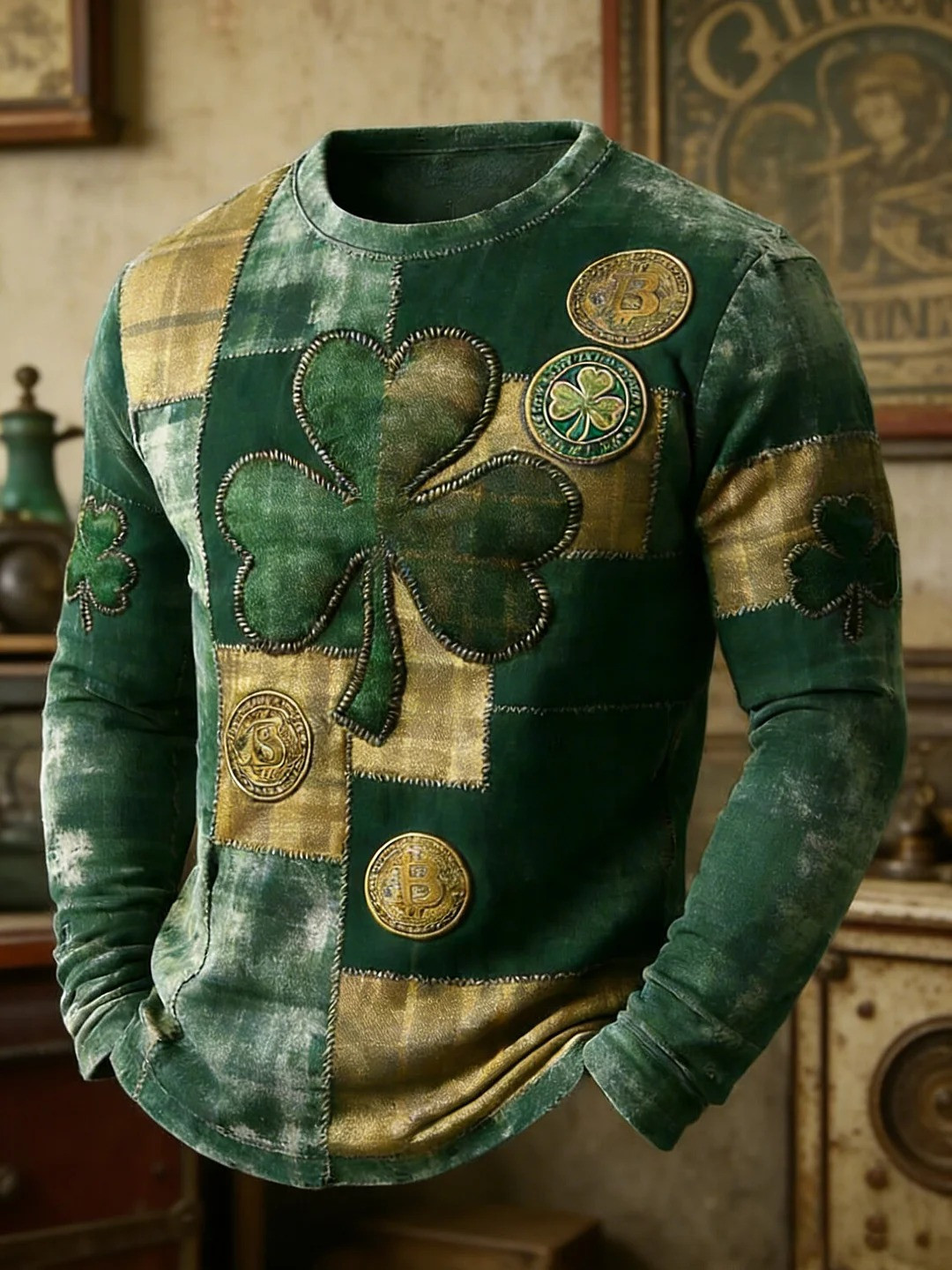 St Patricks Day Shamrock Plaid Graphic Long Sleeve Shirt Irish Lucky Clover Gift For Dad