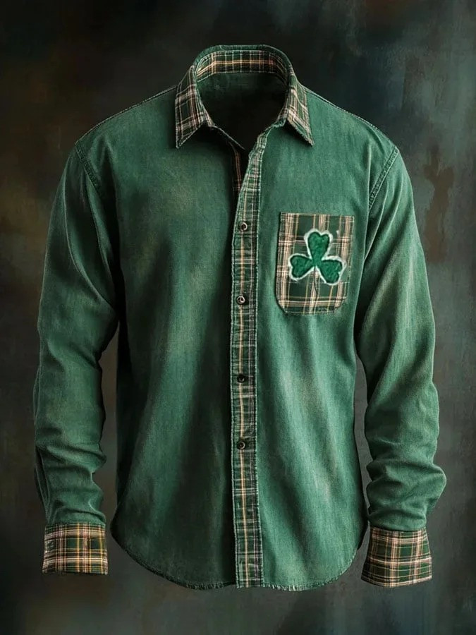 St Patricks Day Shamrock Plaid Patchwork Button Up Long Sleeve Shirt Irish Lucky Gift Men