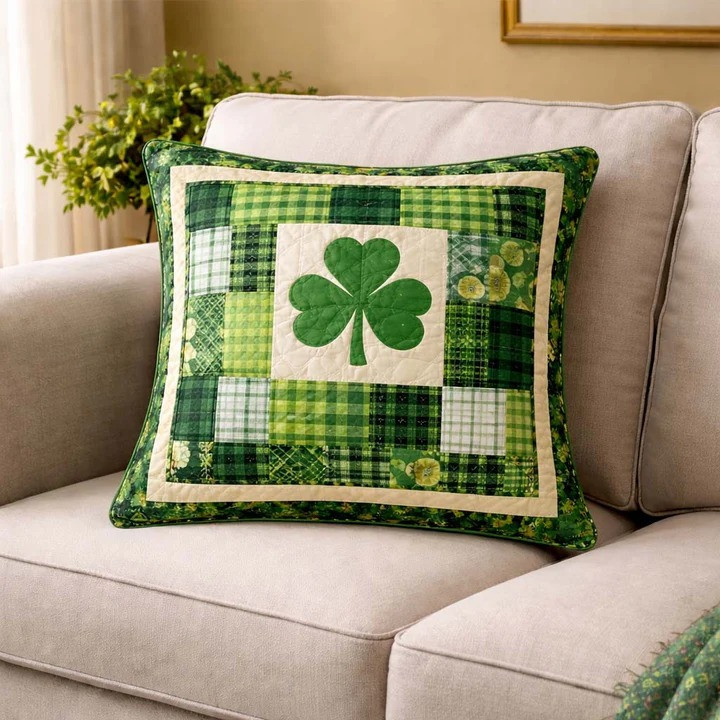 St Patrick's Day Shamrock Plaid Quilted Pillow Cover Irish Green Lucky Charm Home Decor Gift