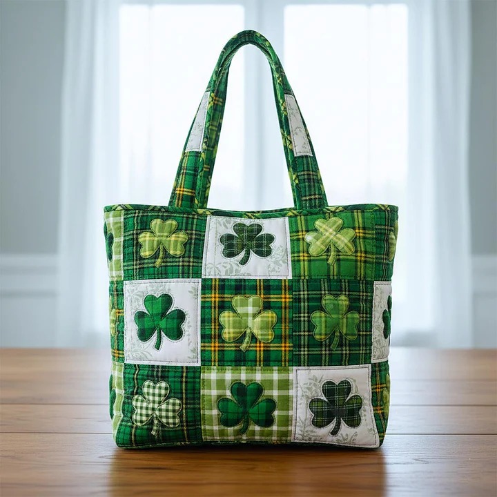St Patrick's Day Shamrock Plaid Quilted Tote Bag Irish Lucky Clover Best Gift For Mom