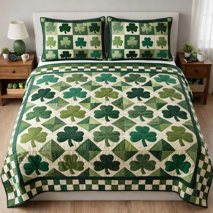 St Patrick's Day Shamrock Quilted Bedding Set Irish Green Lucky Clover Bedroom Decor Gift Ideas