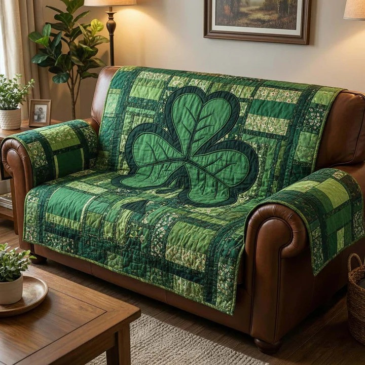 St Patrick's Day Shamrock Quilted Sofa Cover Irish Green Patchwork Couch Protector Home Decor Gift Ideas