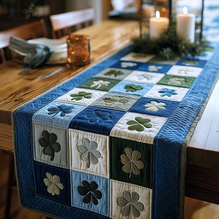 St Patrick's Day Shamrock Quilted Table Runner Blue Green Irish Home Decor Best Gift Ideas