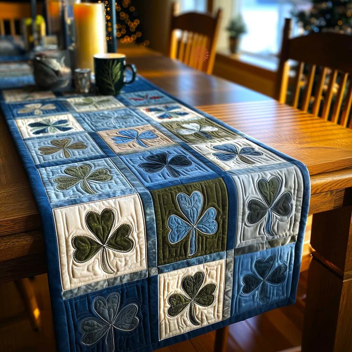 St Patrick's Day Shamrock Quilted Table Runner Irish Blue Clover Patchwork Home Decor Best Gift