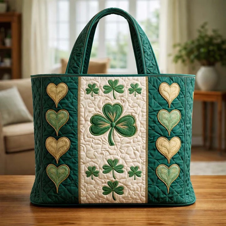 St Patrick's Day Shamrock Quilted Tote Bag Irish Green Hearts Lucky Clover Best Gift For Her