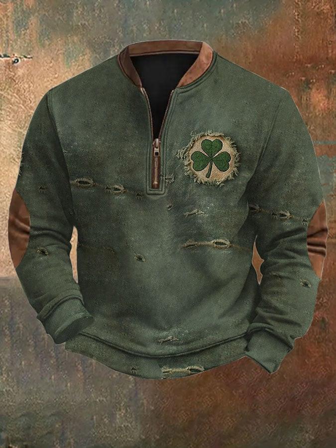 St Patrick's Day Shamrock Stand Zip Collar Sweatshirt Vintage Clothing Gifts For St Patrick's Day