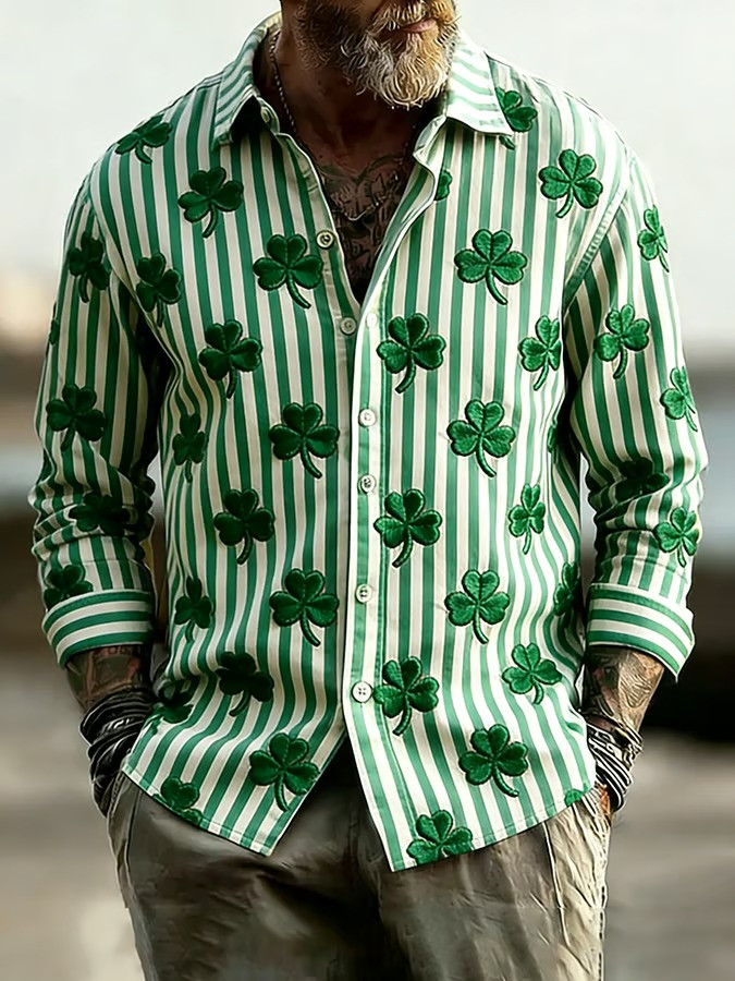 St Patricks Day Shamrock Stripe Button Up Long Sleeve Shirt Irish Lucky Clover Casual Best Gift Ideas