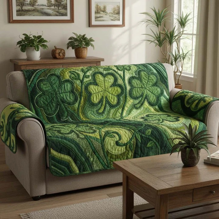 St Patrick's Day Shamrock Swirl Loveseat Quilted Sofa Cover Irish Green Celtic Couch Protector Home Decor Gift