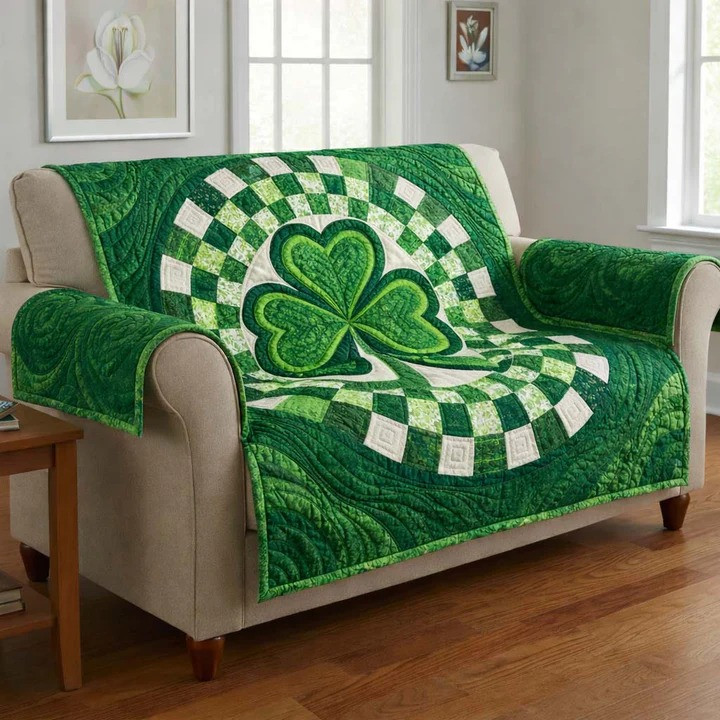 St Patrick's Day Shamrock Swirl Quilted Sofa Cover Irish Green Clover Couch Protector Home Decor Gift