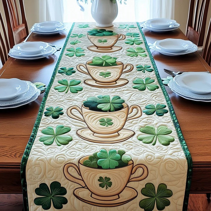 St Patrick's Day Shamrock Teacup Leaf Clover Quilted Table Runner Irish Home Decor Gift Ideas