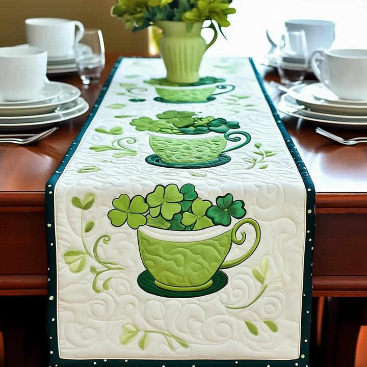 St Patrick's Day Shamrock Teacup Quilted Table Runner Irish Lucky Clover Home Decor Best Gift