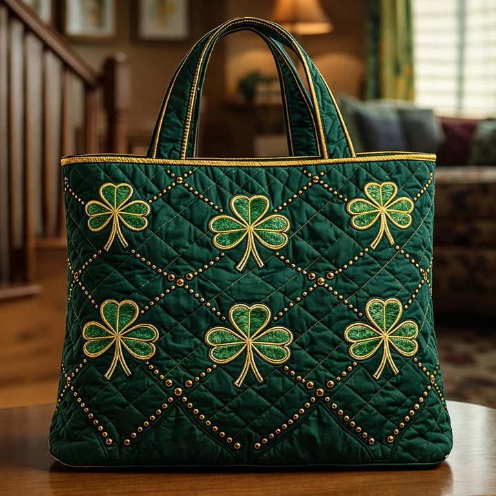 St Patrick's Day Shamrock Velvet Tote Bag Celtic Gold Pattern Irish Lucky Best Gift For Women