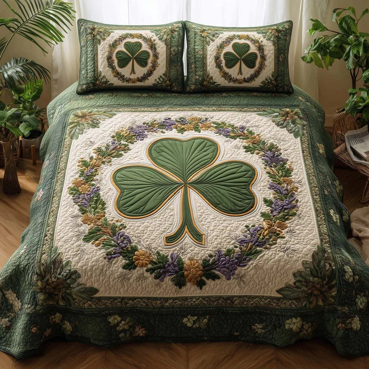 St Patrick's Day Shamrock Wreath Quilted Bed Set Irish Floral Celtic Bedroom Decor Gift Ideas