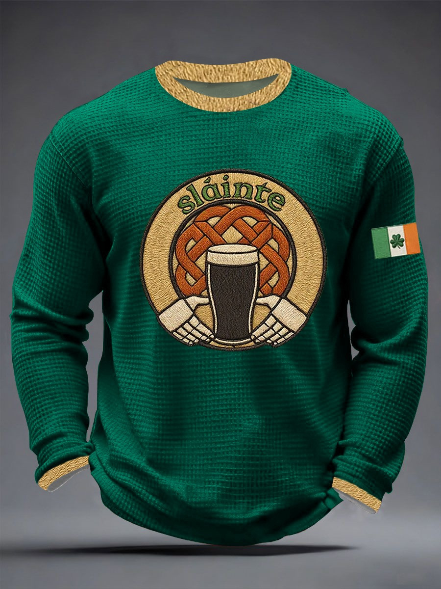 St Patricks Day Slainte Waffle Long Sleeve Shirt Irish Beer Celtic Knot Outfit Best Gift For St Pattys Day