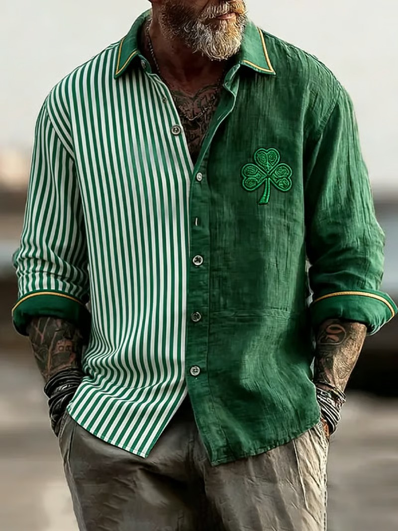 St Patricks Day Striped Shamrock Button Up Long Sleeve Shirt Irish Clover Button Up Best Gift For Family