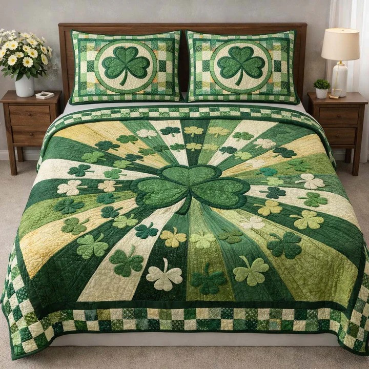 St Patrick's Day Sunburst Shamrock Quilted Bed Set Irish Lucky Clover Bedroom Decor Best Gift