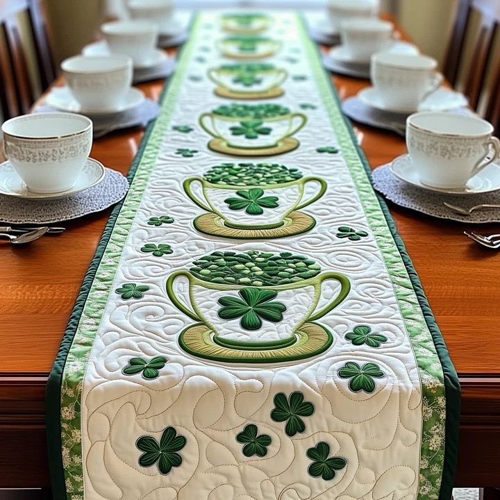 St Patrick's Day Tea Cup Shamrock Quilted Table Runner Irish Lucky Clover Dining Decor Best Gift