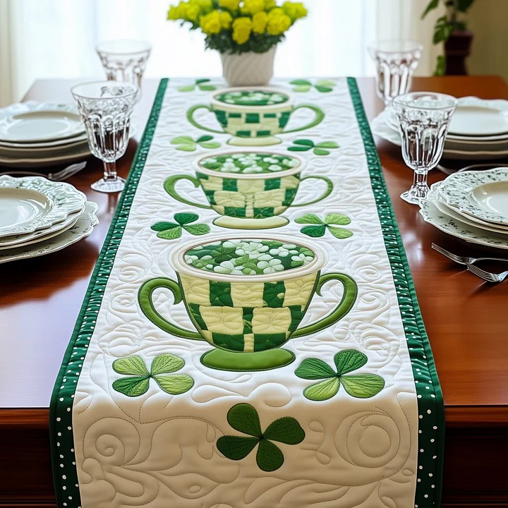 St Patrick's Day Teacup Shamrock Quilted Table Runner Irish Lucky Clover Home Decor Best Gift
