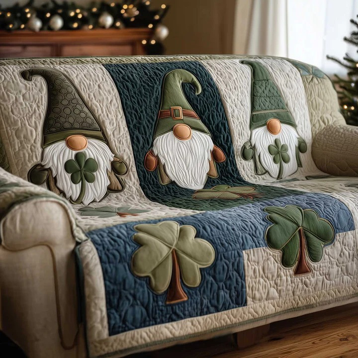 St Patrick's Day Three Gnomes Shamrock Quilted Sofa Cover Irish Lucky Clover Couch Cover Decor Gift