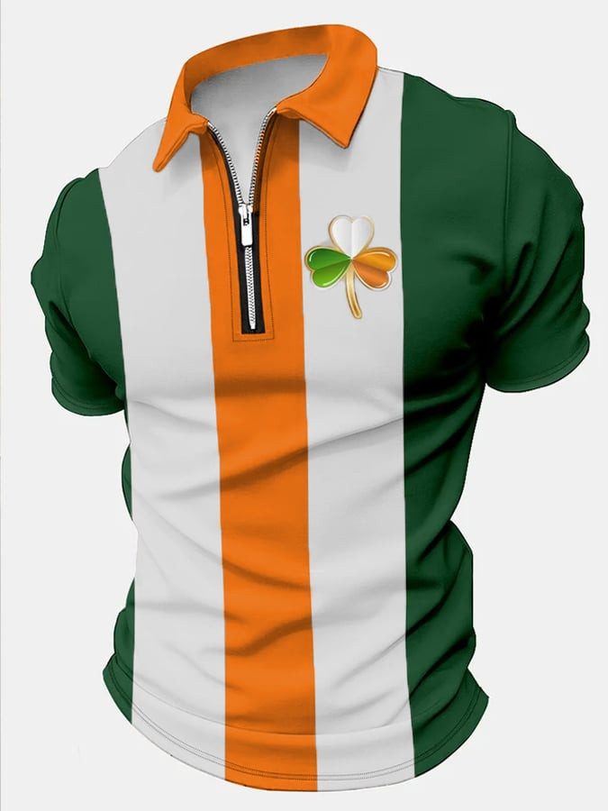 St Patricks Day Trio Shamrock Art Polo Zip Shirt St Patrick's Day Clothing Presents