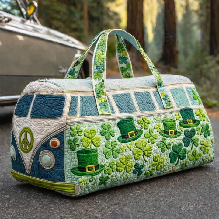 St Patrick's Day VW Van Quilted Duffle Bag Shamrock Leprechaun Hat Irish Lucky Travel Bag Gift