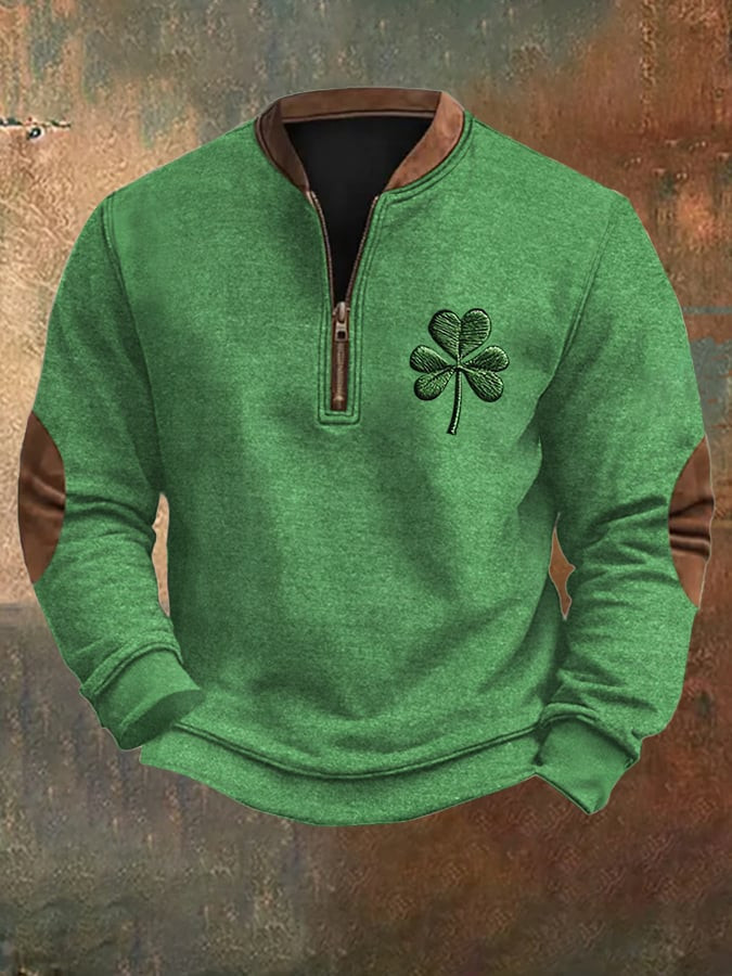 St Patricks Day Zip Collar Sweatshirt Clover Graphic Holiday Clothing Men Gift Ideas