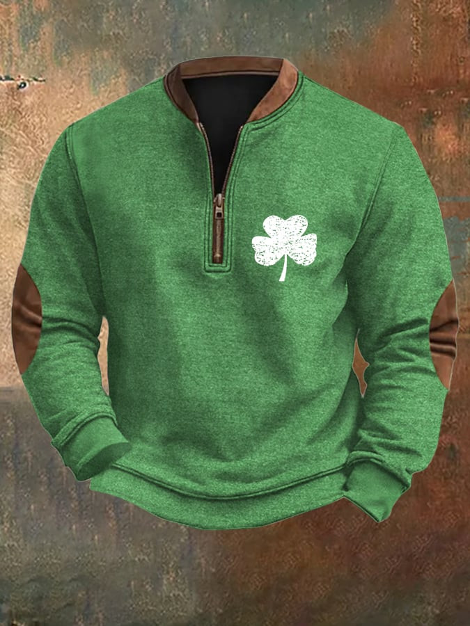 St Patricks Day Zip Collar Sweatshirt Shamrock Pattern St Patrick's Day Apparel Gift For Enthusiasts