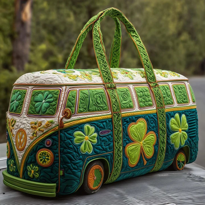 St Patricks Shamrock VW Bus Quilted Duffle Bag Irish Clover Travel Bag Best Gift For Irish Lovers