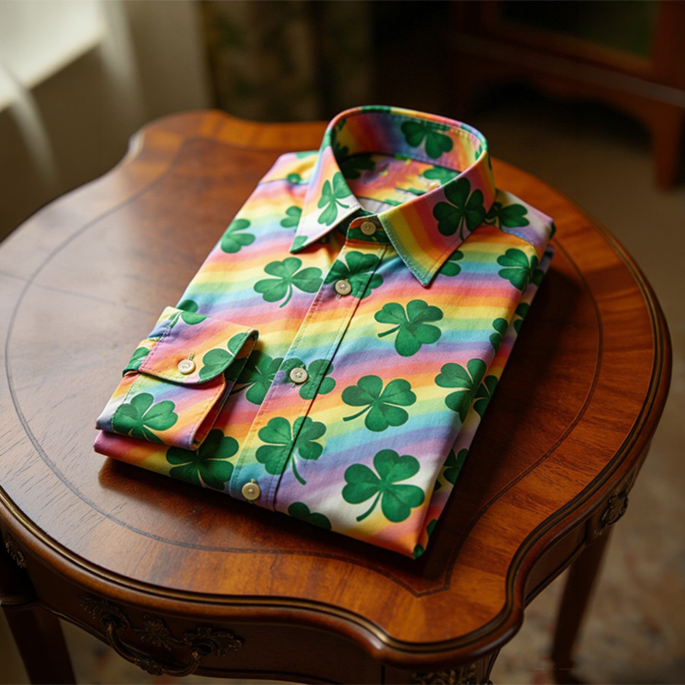 St Patric's Day Rainbow Shamrock Button Up Long Sleeve Shirt St Patrick's Day 2026 Clothing Line