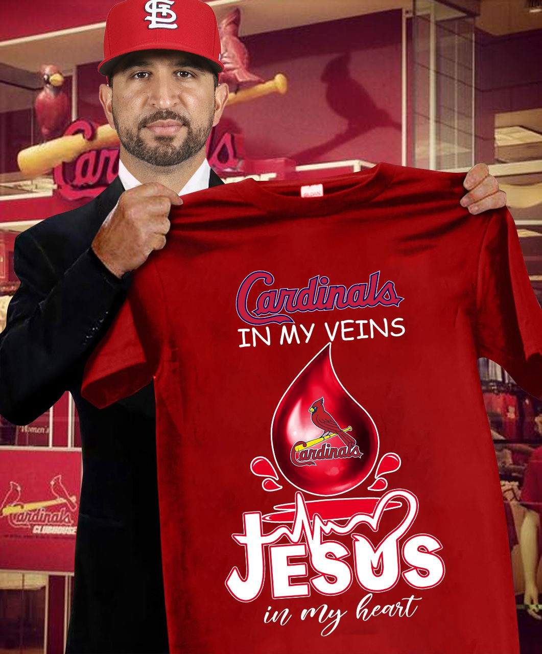 St. Louis Cardinals In My Veins Jesus In My Heart T-Shirt Faith Gifts For Baseball Fans